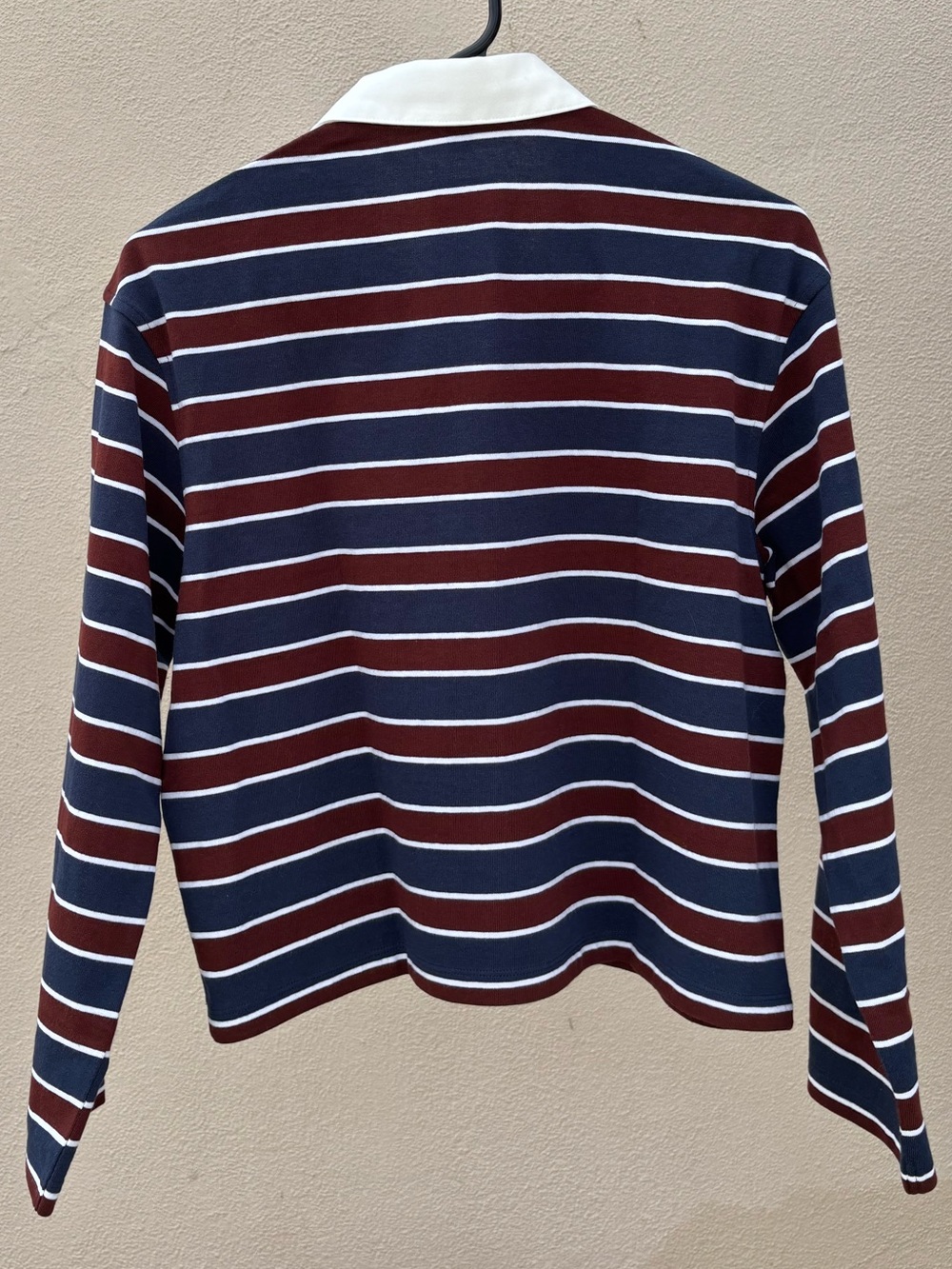 Uniqlo Washed Cotton Burgundy Maroon Red and Navy Blue Striped Polo Shirt - Picture 6 of 6